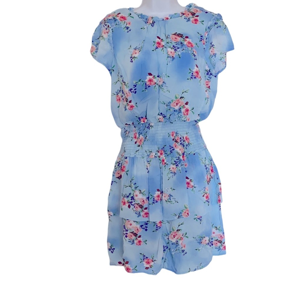 Gibson floral print dress, size S, smocked waist, layered bottom, blue/pink - Picture 2 of 6